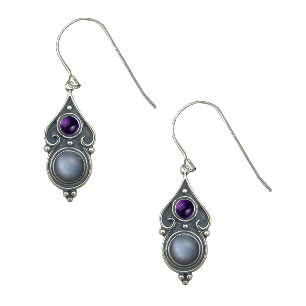 Sterling Silver Designer Post Stud Earrings With Grey Moonstone And Amethyst Sterling Silver Designer Post Stud Earrings With Grey Moonstone And Amethyst